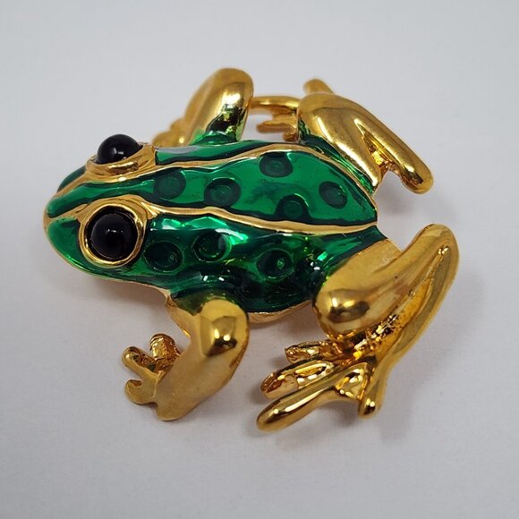Vintage Green Enamel Goldtone Frog Pin Brooch 1.25" Detailed Design - Picture 6 of 7